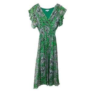 Le Ragazze Silk Blend Maxi Dress‎ Womens S Floral Green VNeck Flutter Sleeve